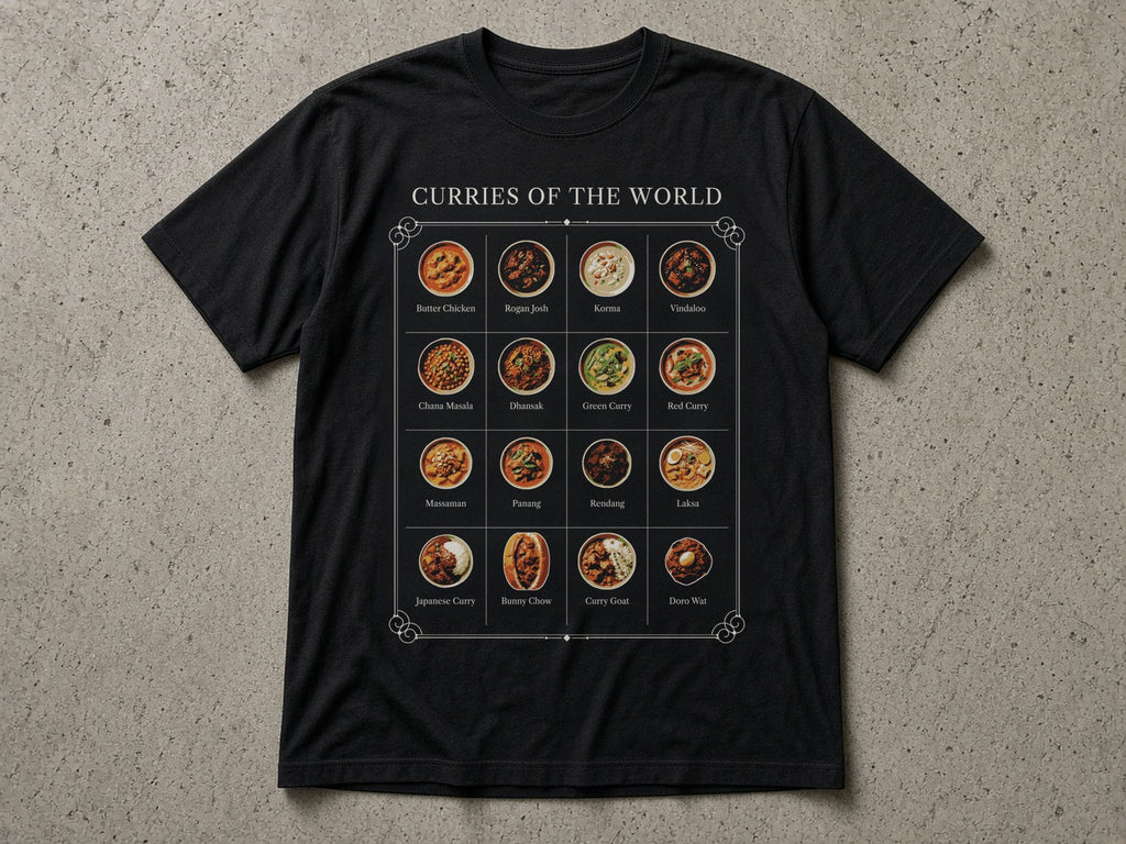 Curries of the World T-Shirt – black tee mock-up