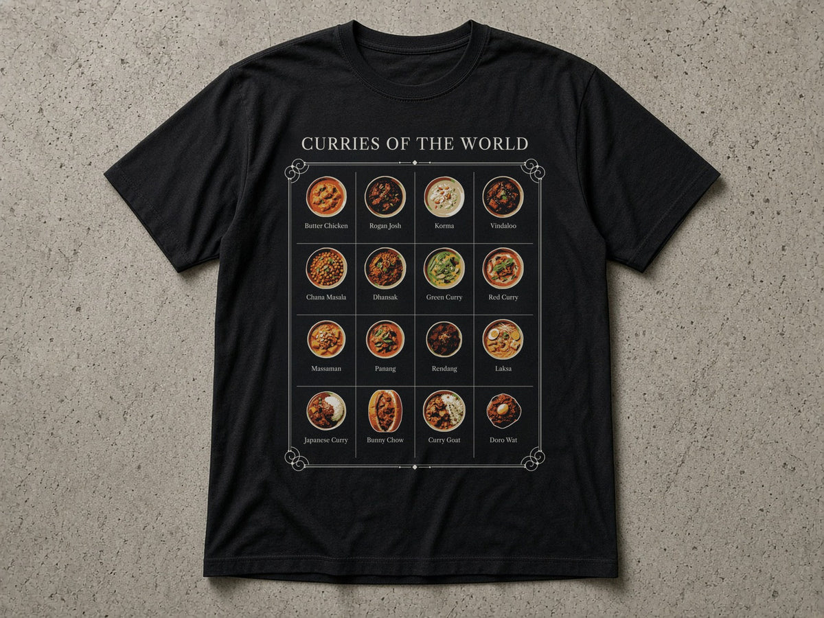 Curries of the World T-Shirt – black tee mock-up