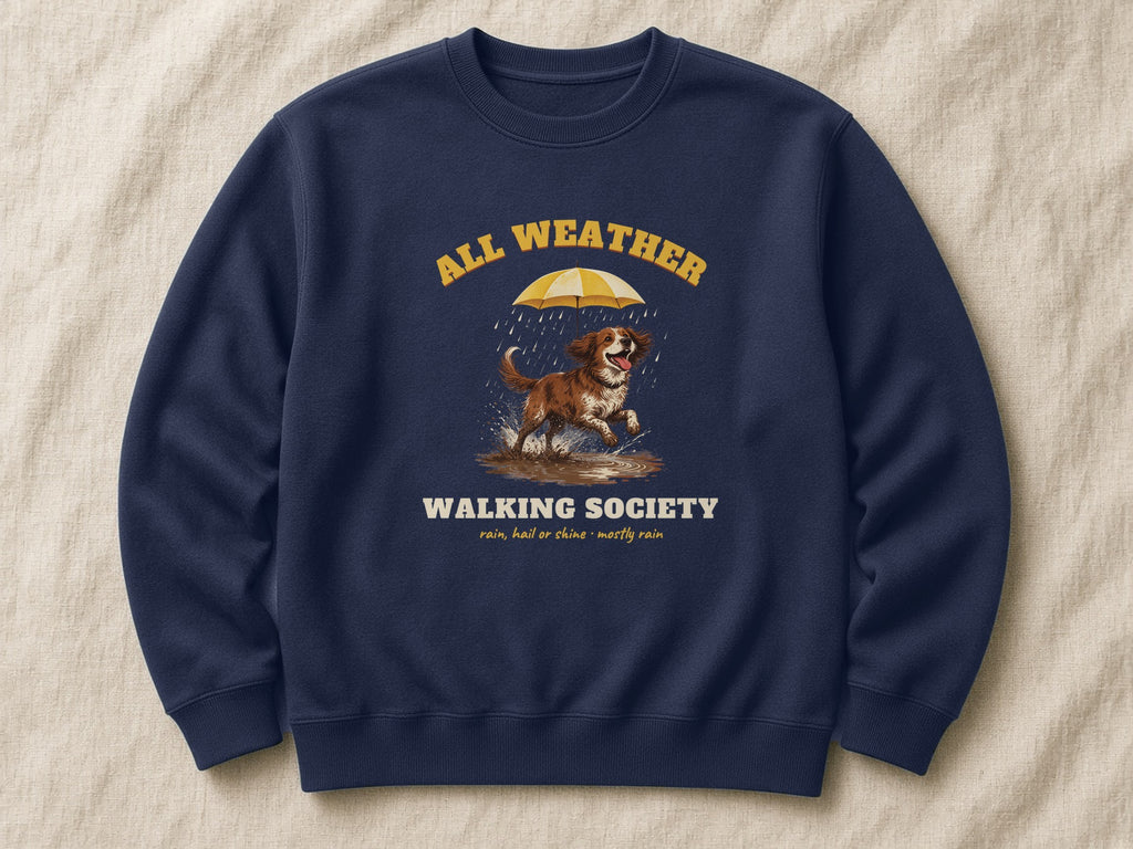 All Weather Walking Society sweatshirt – flat lay, Oxford Navy