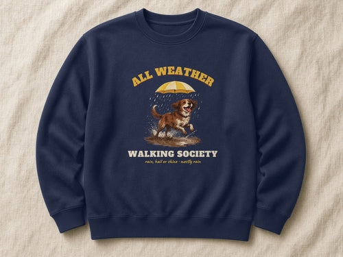 All Weather Walking Society sweatshirt – flat lay, Oxford Navy