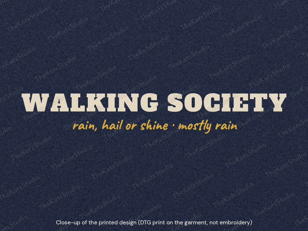 All Weather Walking Society sweatshirt – lettering close-up