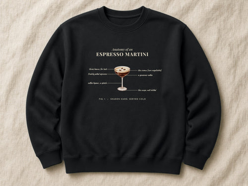 Anatomy of an Espresso Martini sweatshirt – flat lay, Black