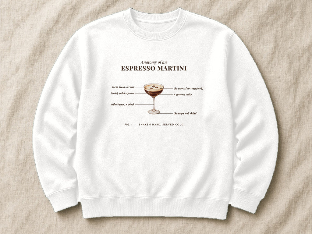 Anatomy of an Espresso Martini sweatshirt – flat lay, Arctic White