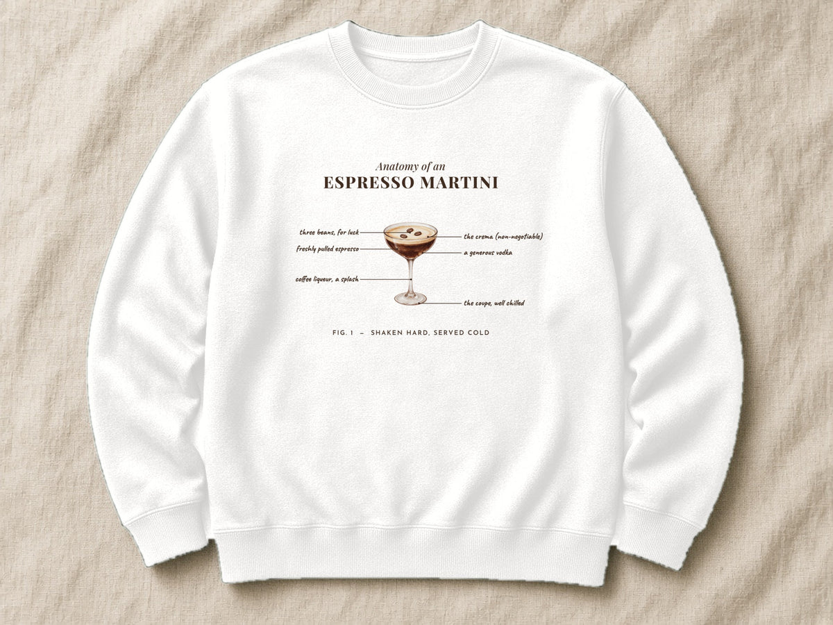 Anatomy of an Espresso Martini sweatshirt – flat lay, Arctic White