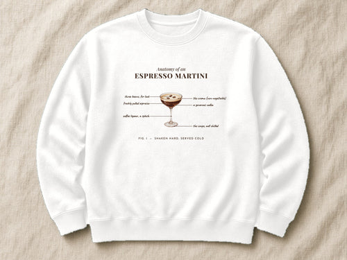 Anatomy of an Espresso Martini sweatshirt – flat lay, Arctic White