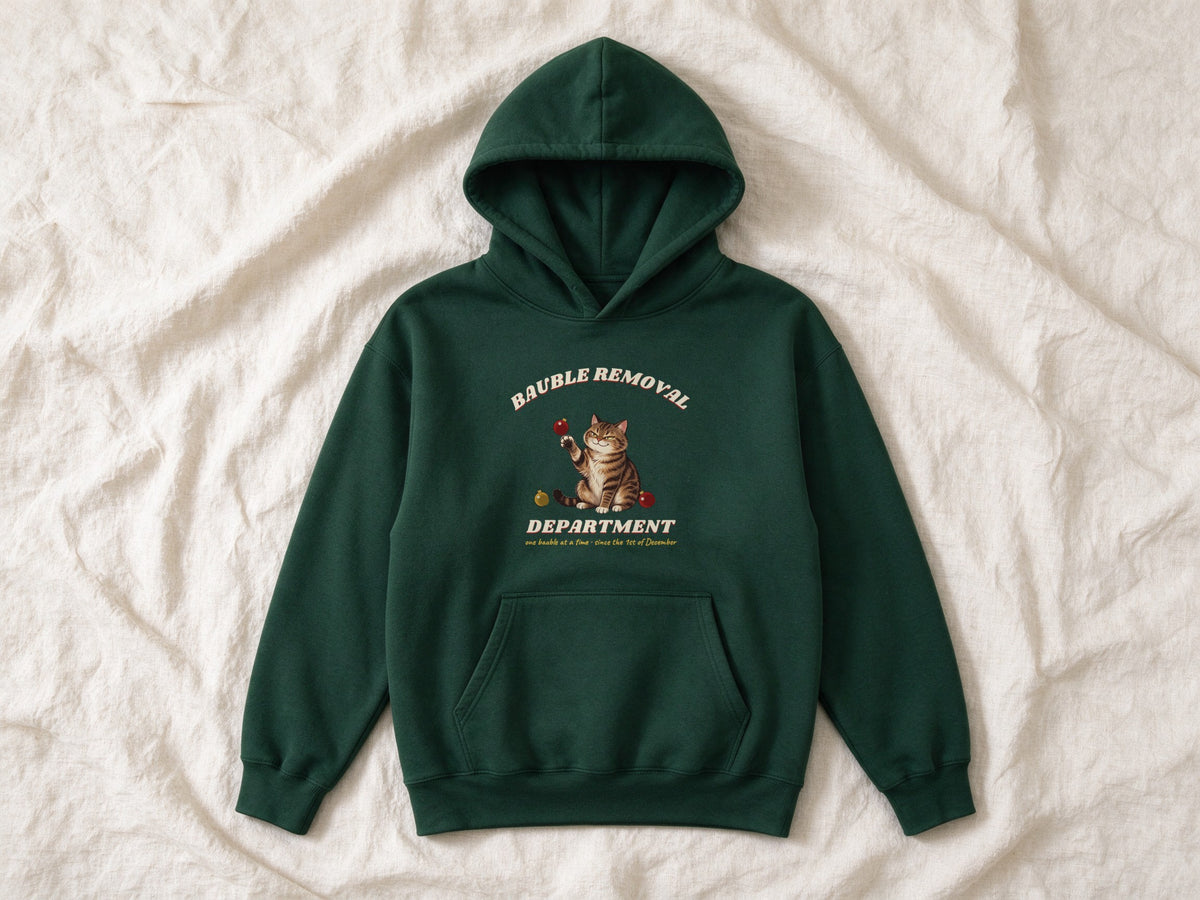 Bauble Removal Department hoodie – flat lay, Bottle Green