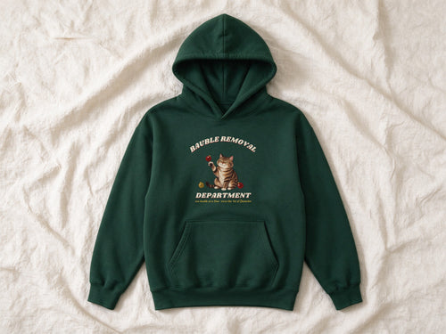 Bauble Removal Department hoodie – flat lay, Bottle Green