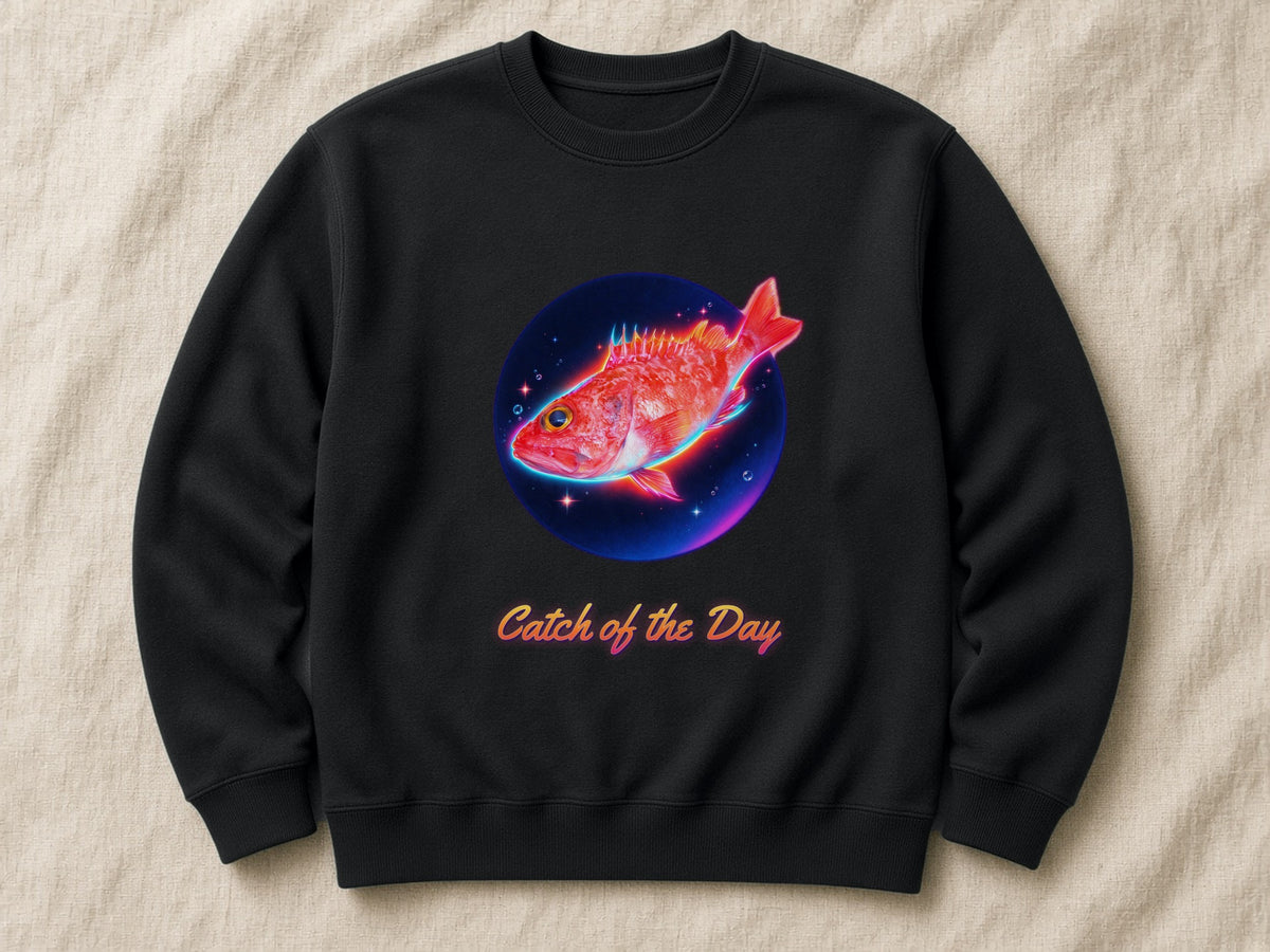 Catch of the Day neon sweatshirt – flat lay, Black