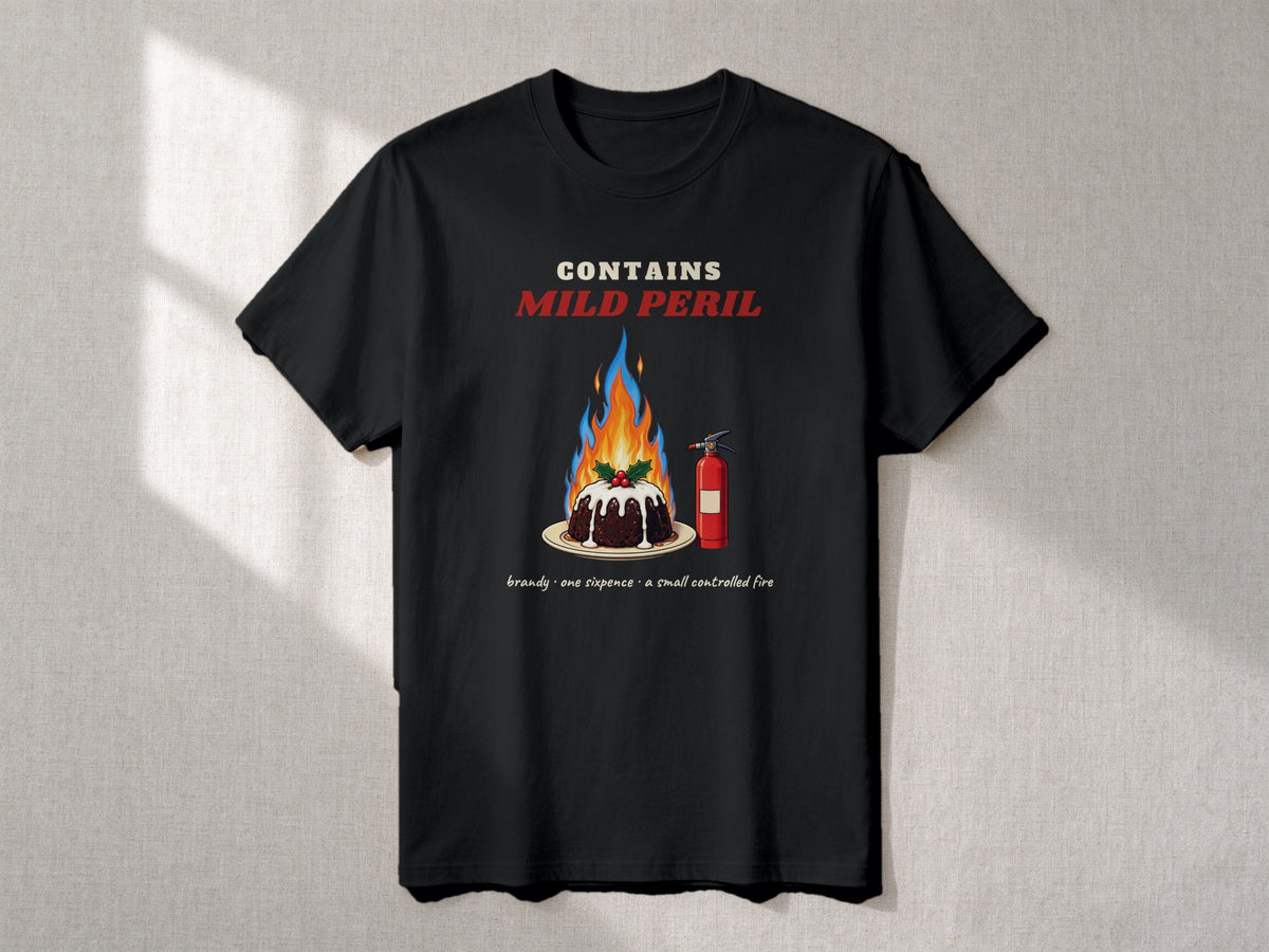 Contains Mild Peril T-shirt – flat lay, Black