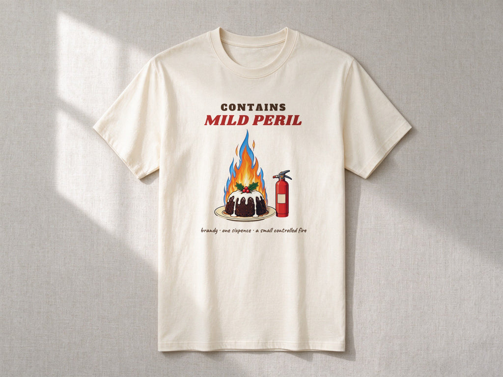 Contains Mild Peril T-shirt – flat lay, Natural