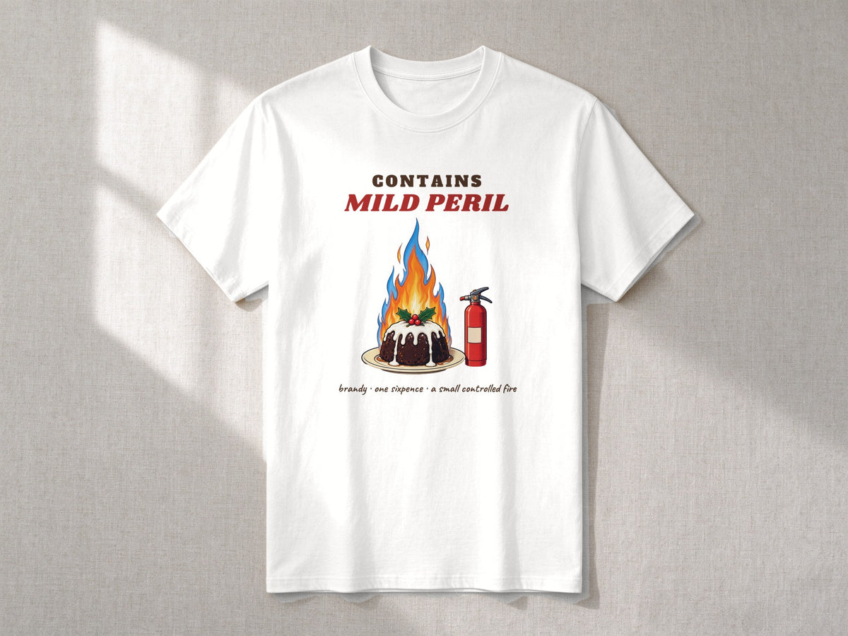 Contains Mild Peril T-shirt – flat lay, White