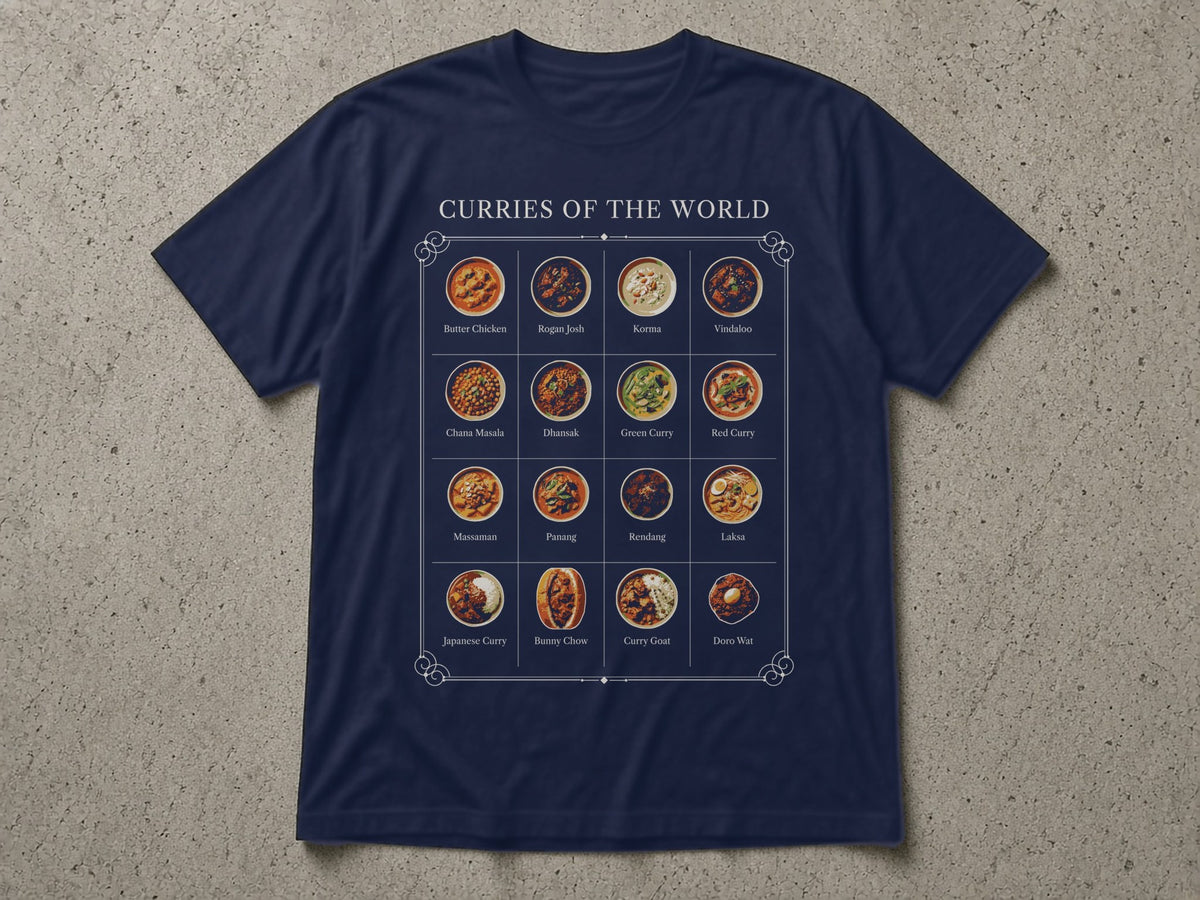 Curries of the World T-Shirt – navy blue tee mock-up