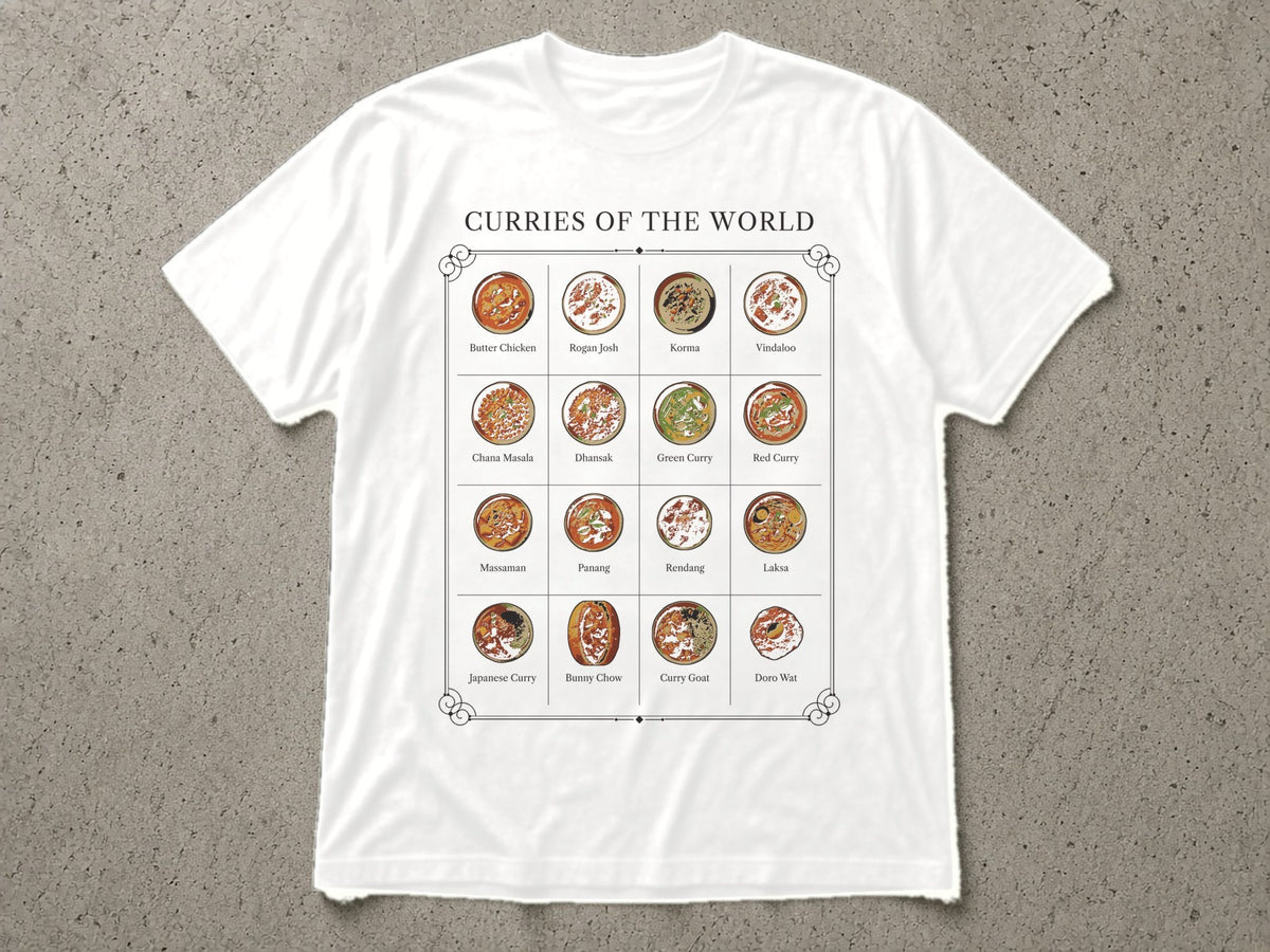 Curries of the World T-Shirt – white tee mock-up