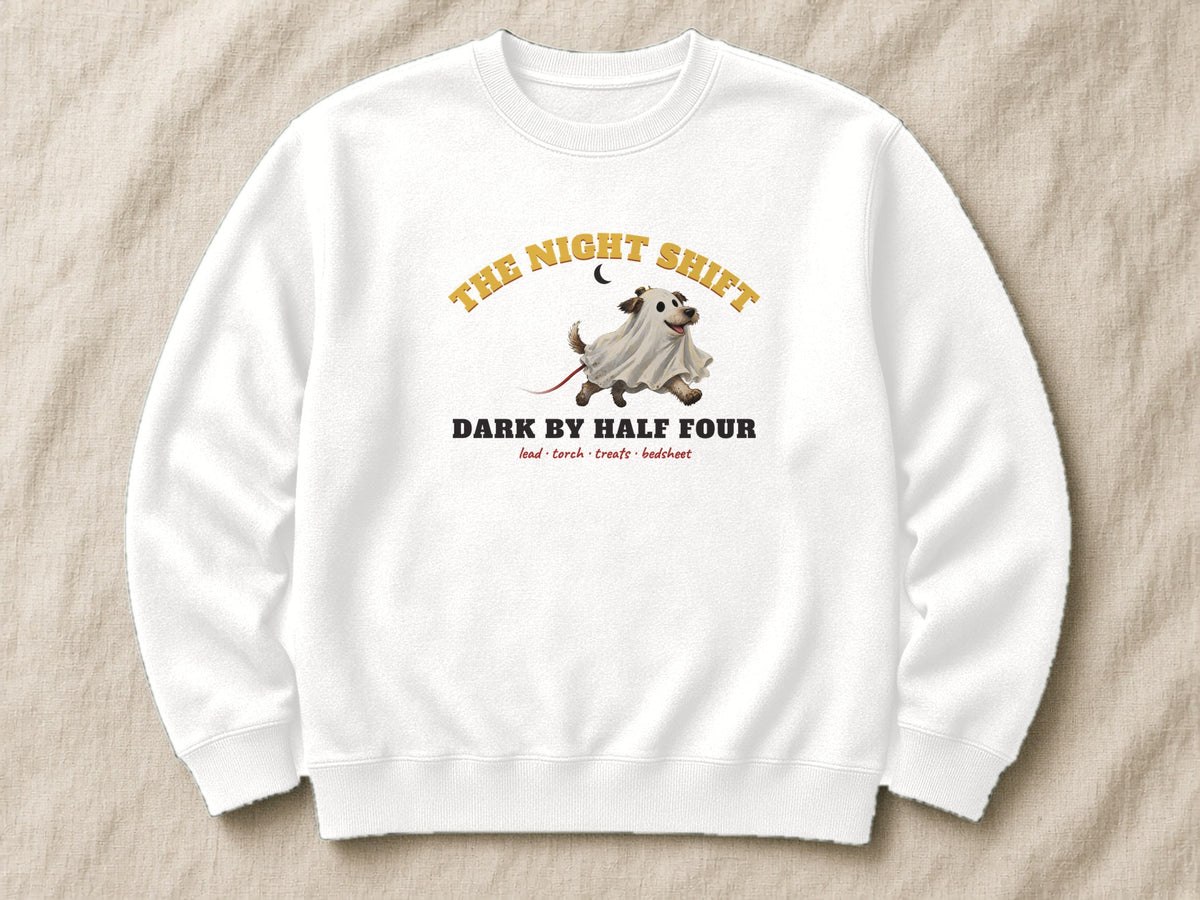The Night Shift: Dark by Half Four sweatshirt – flat lay, Arctic White
