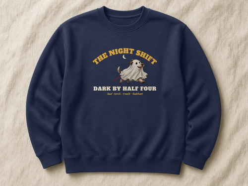 The Night Shift: Dark by Half Four sweatshirt – flat lay, Oxford Navy