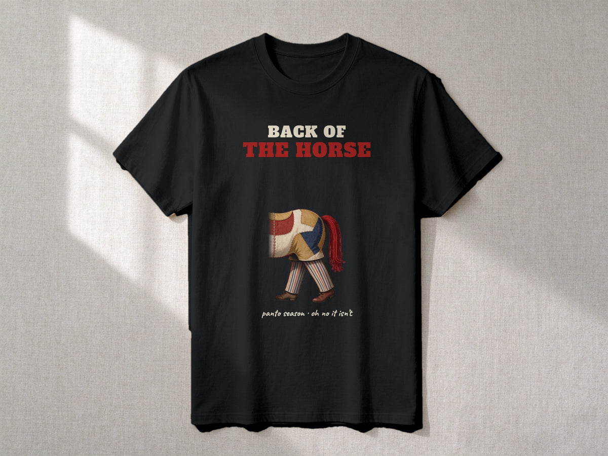 Front of the Horse and Back of the Horse T-shirts – flat lay, Back of the horse, Black