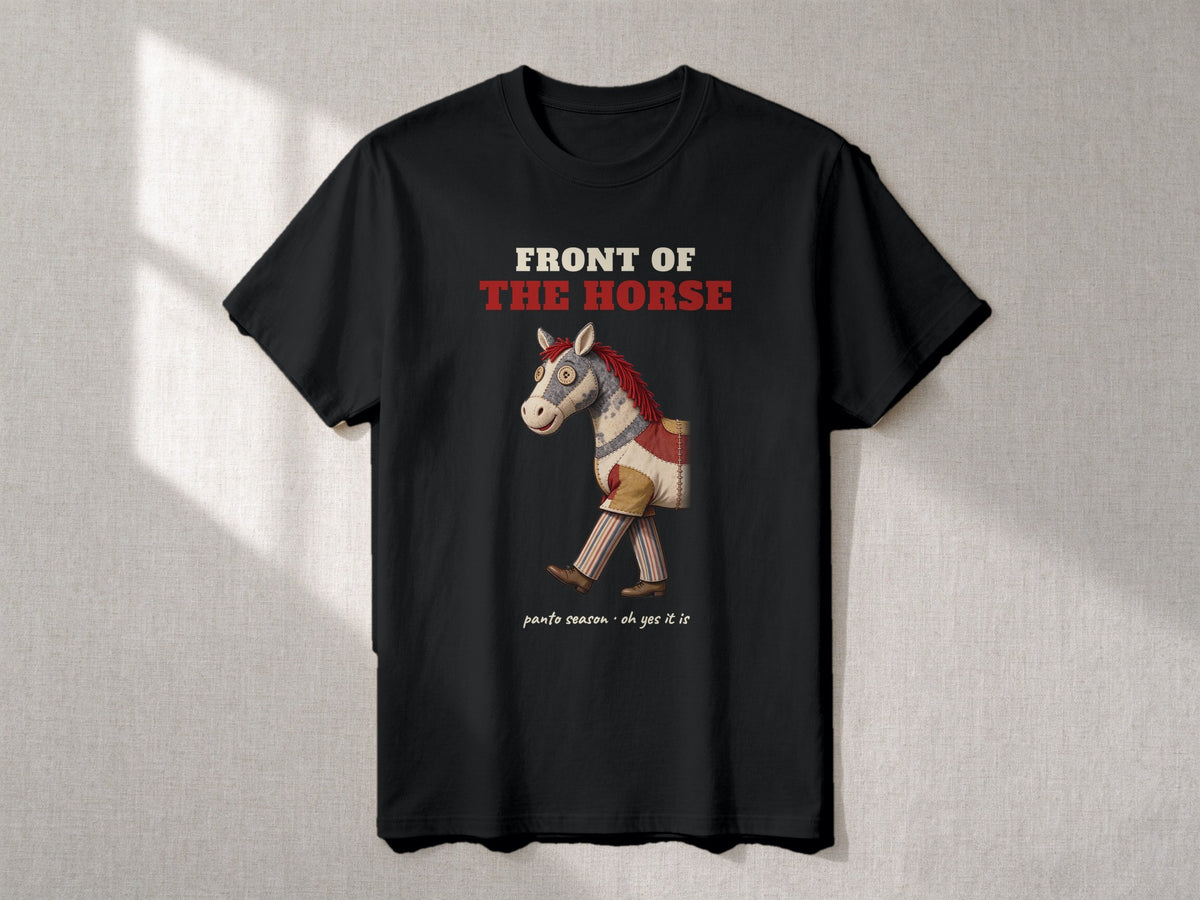Front of the Horse and Back of the Horse T-shirts – flat lay, Front of the horse, Black