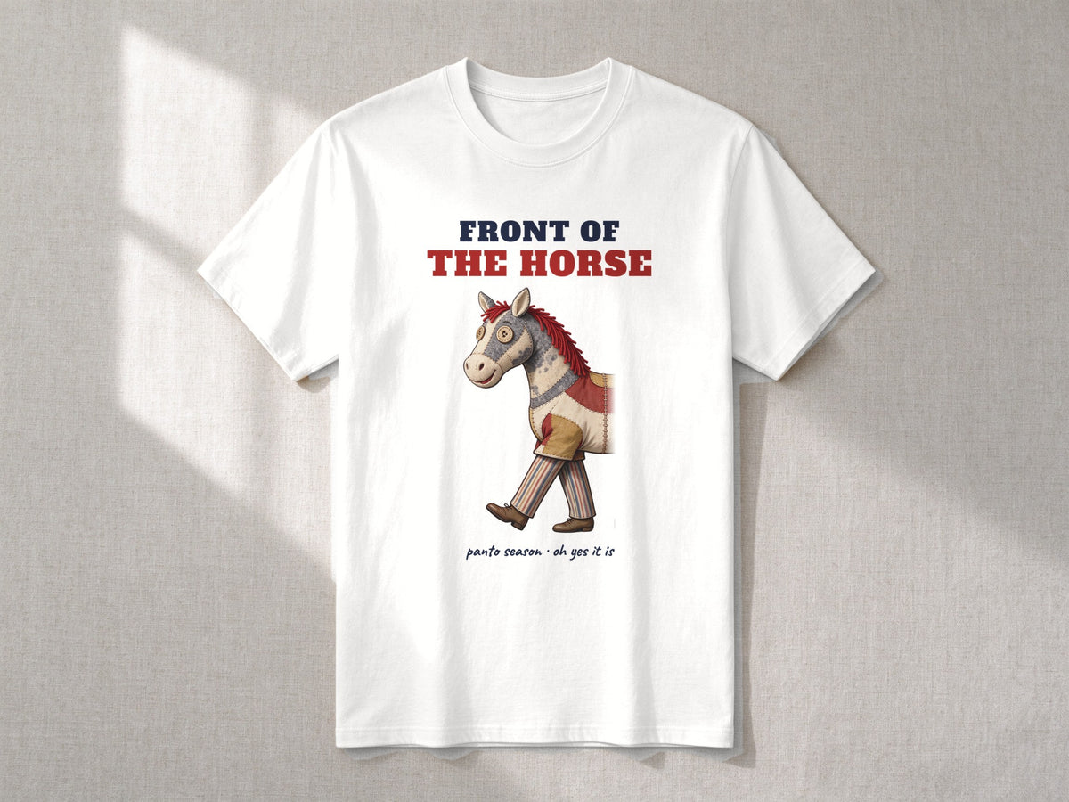 Front of the Horse and Back of the Horse T-shirts – flat lay, Front of the horse, White