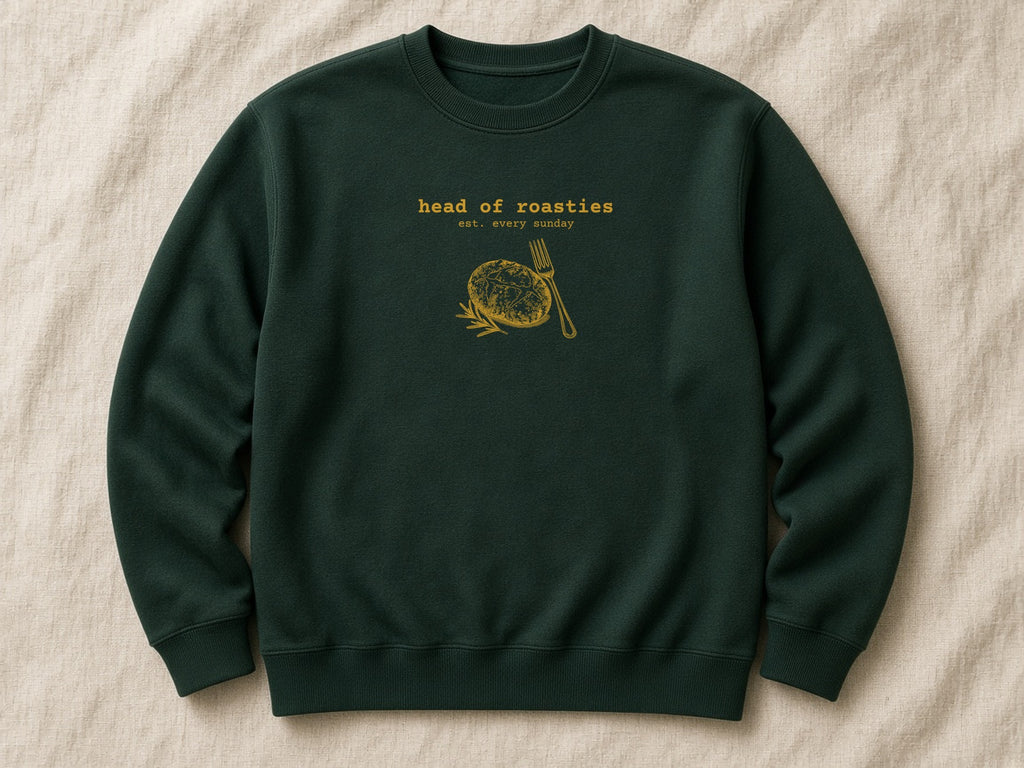 Head of Roasties sweatshirt – flat lay, Bottle Green