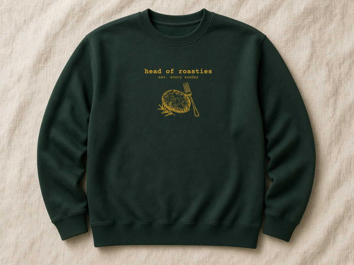 Head of Roasties sweatshirt – flat lay, Bottle Green
