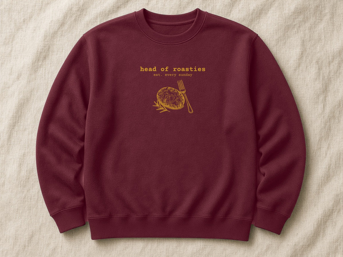 Head of Roasties sweatshirt – flat lay, Burgundy