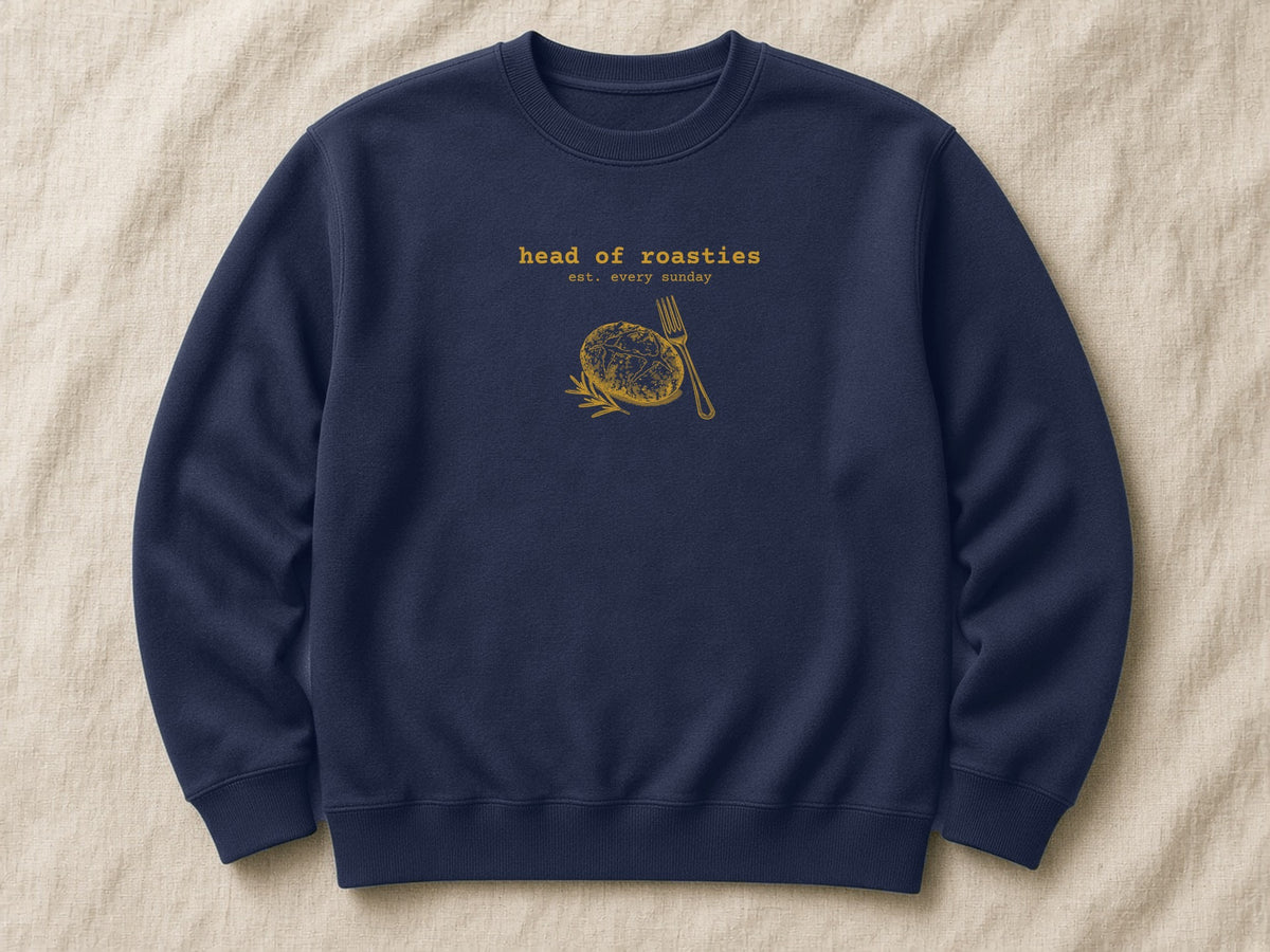 Head of Roasties sweatshirt – flat lay, Oxford Navy