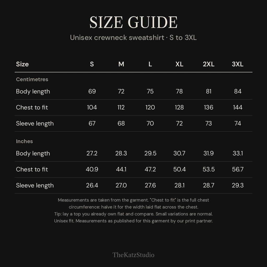 Head of Roasties sweatshirt – size chart