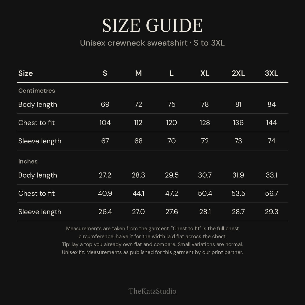 Head of Roasties sweatshirt – size chart