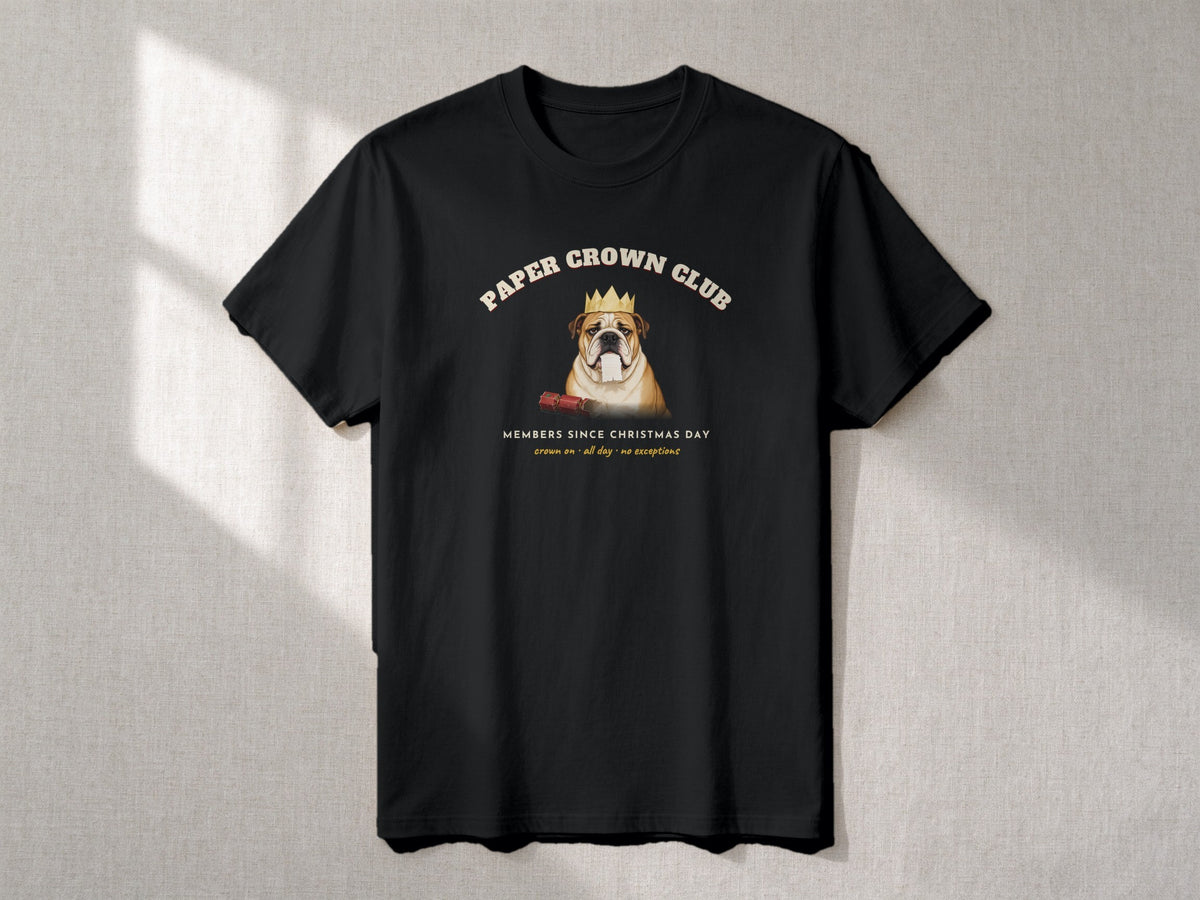 Paper Crown Club T-shirt – flat lay, Black