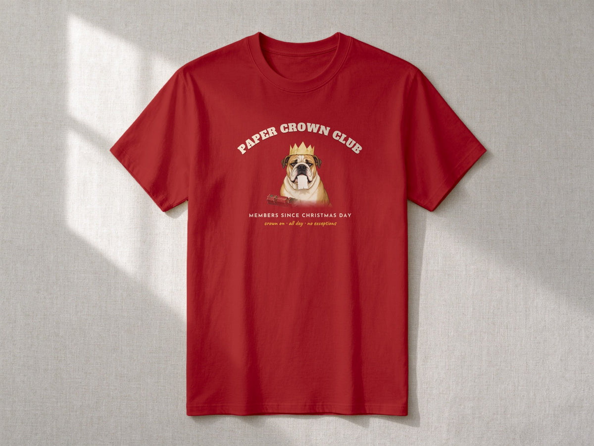 Paper Crown Club T-shirt – flat lay, Cardinal Red