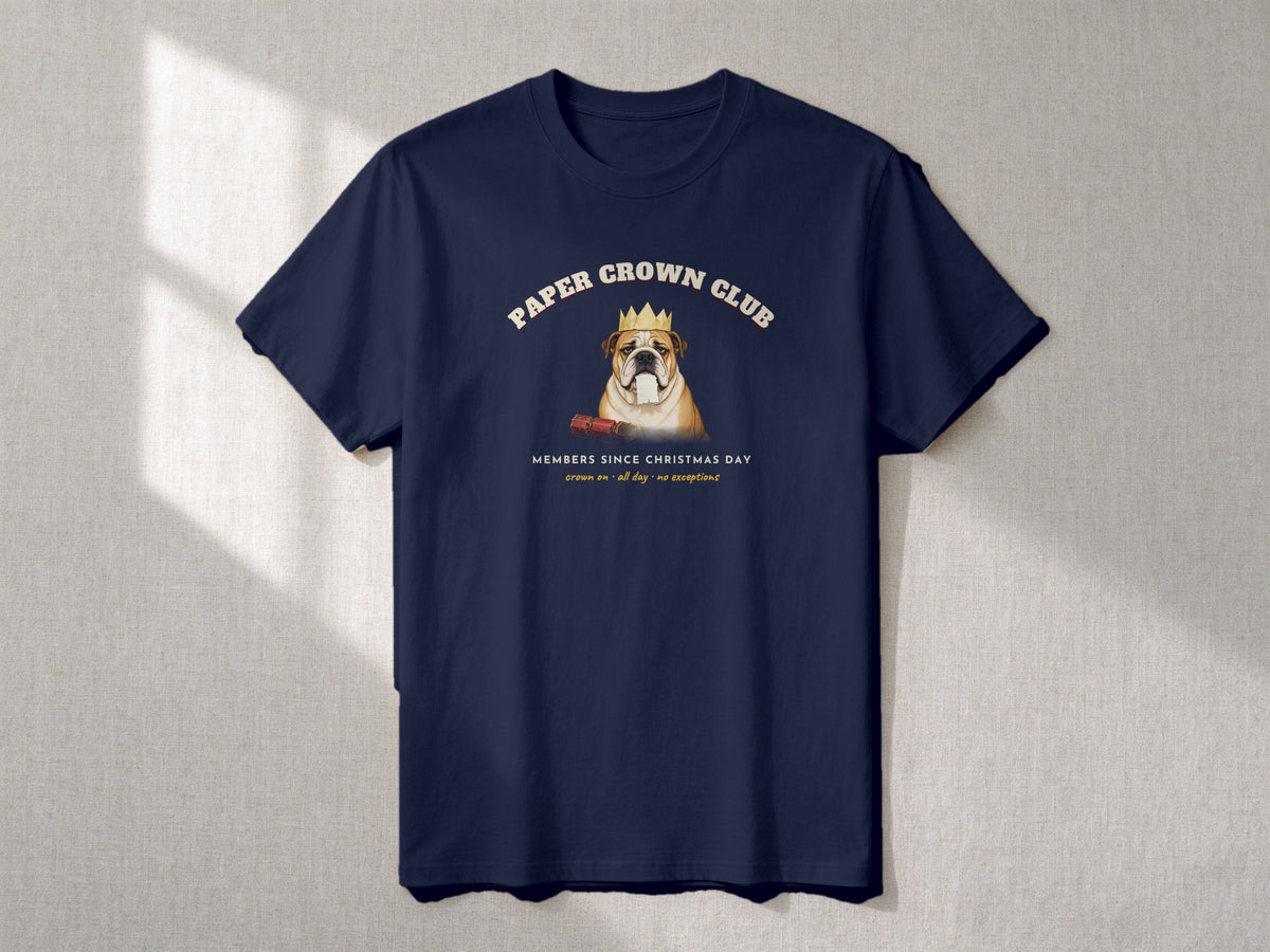 Paper Crown Club T-shirt – flat lay, Navy Blue