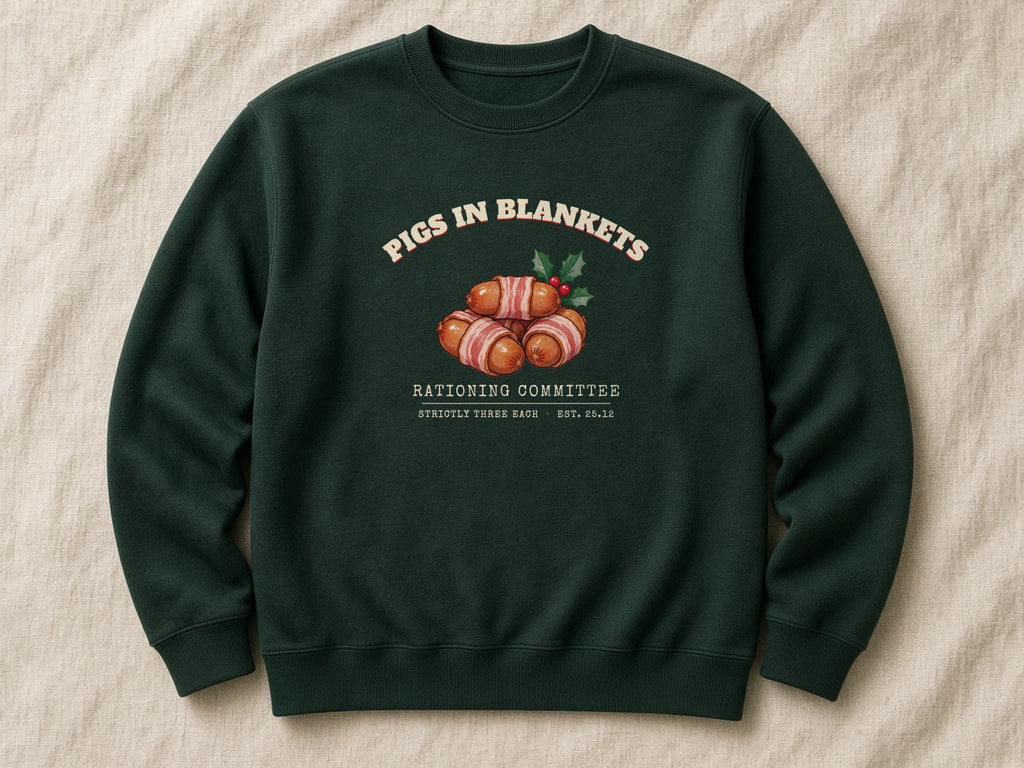 Pigs in Blankets Rationing Committee sweatshirt – flat lay, Bottle Green