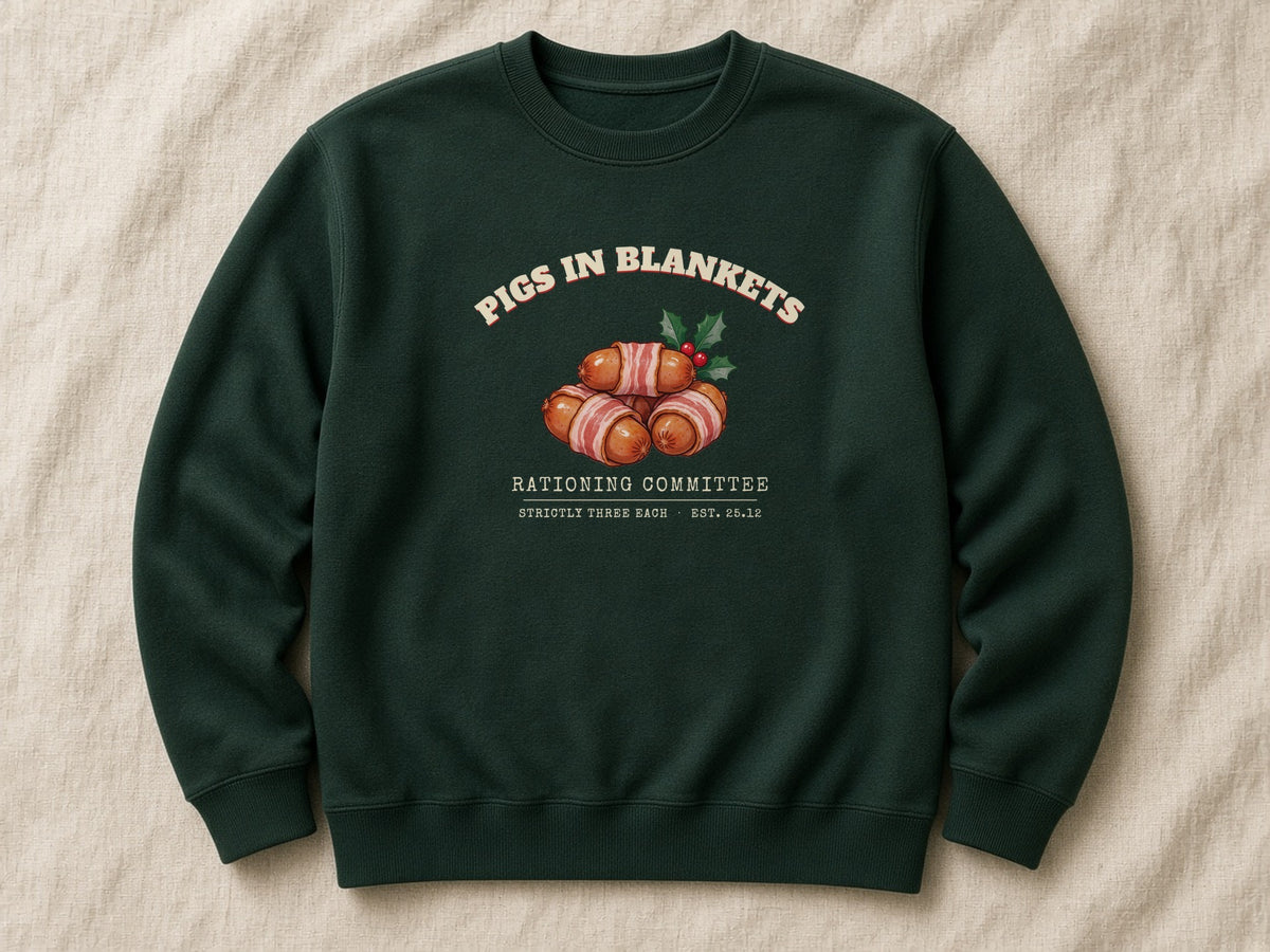 Pigs in Blankets Rationing Committee sweatshirt – flat lay, Bottle Green