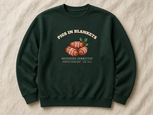 Pigs in Blankets Rationing Committee sweatshirt – flat lay, Bottle Green