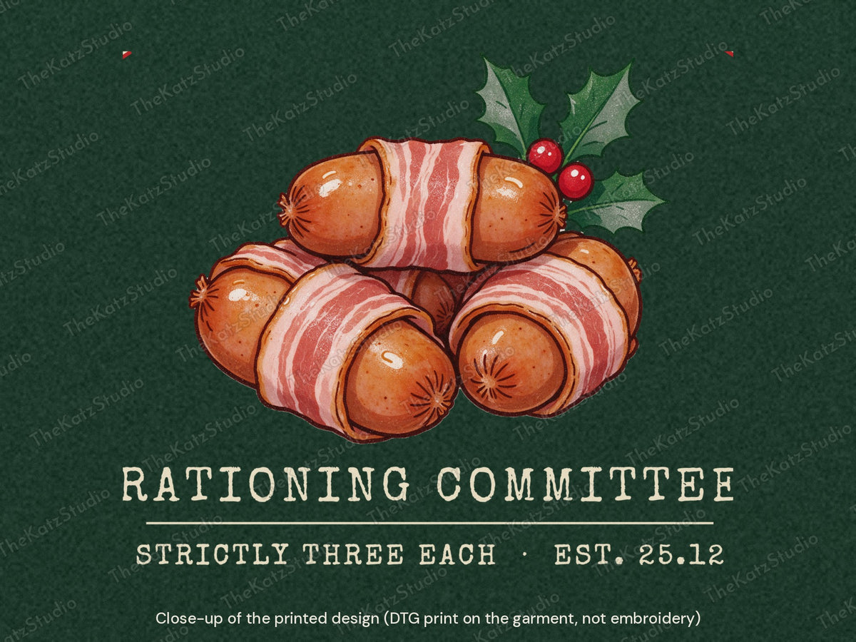 Pigs in Blankets Rationing Committee sweatshirt – print close-up