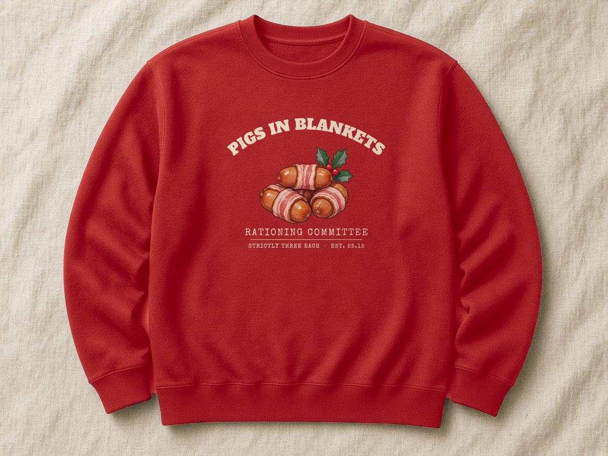 Pigs in Blankets Rationing Committee sweatshirt – flat lay, Fire Red