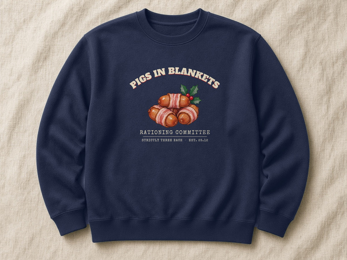 Pigs in Blankets Rationing Committee sweatshirt – flat lay, Oxford Navy