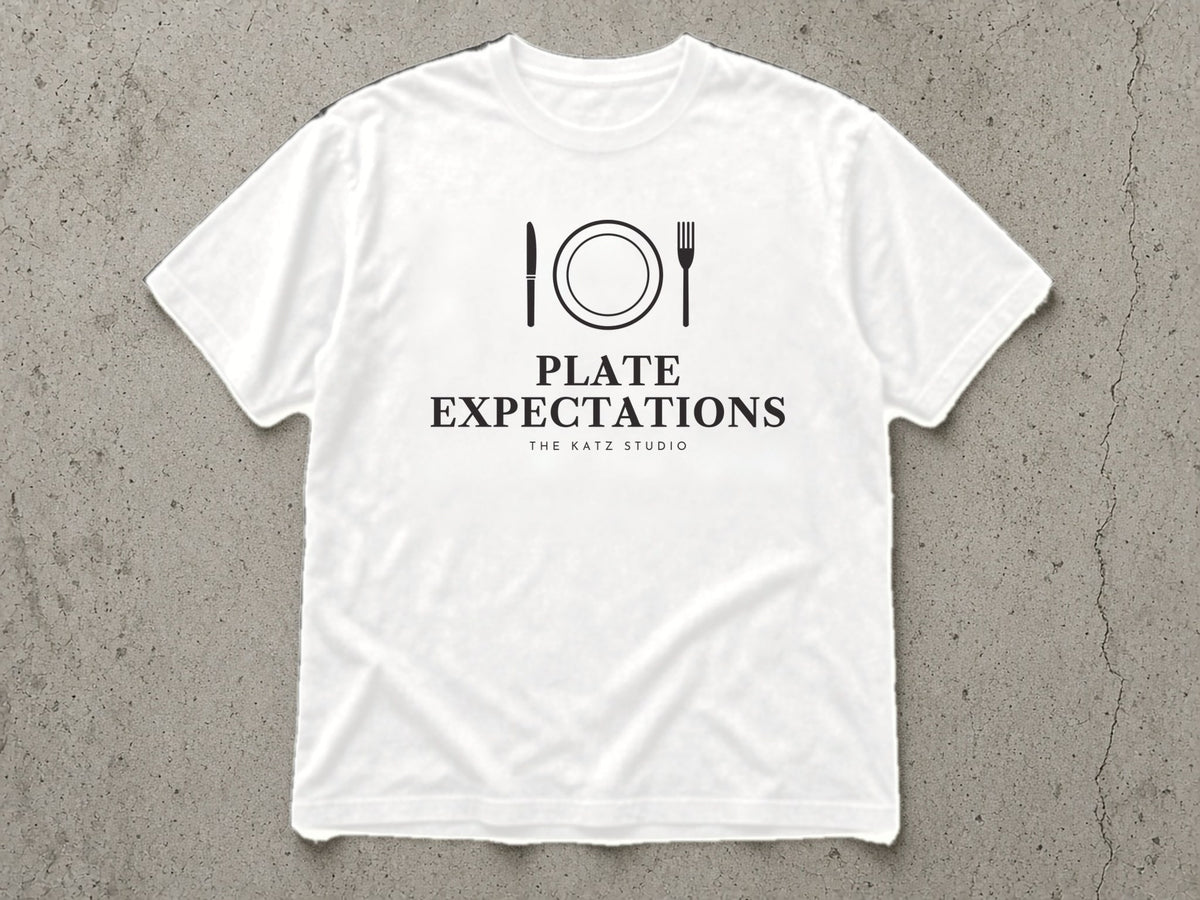 Plate Expectations T-Shirt – white tee mock-up