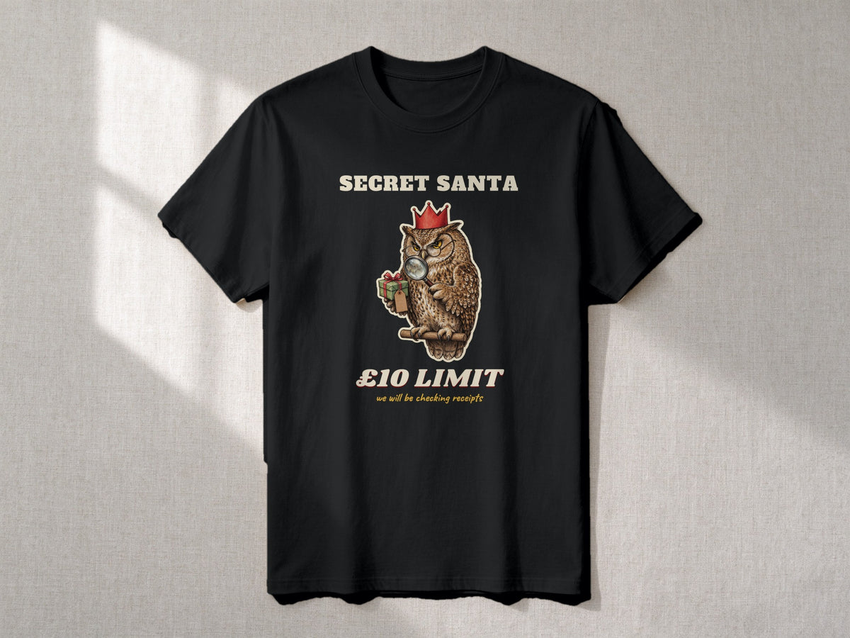 Secret Santa £10 Limit T-shirt – flat lay, Black
