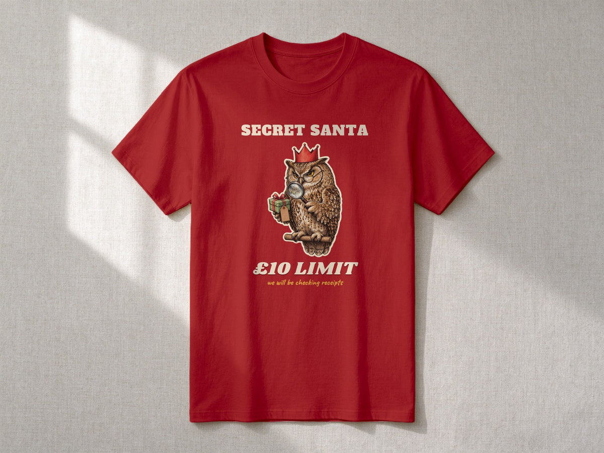 Secret Santa £10 Limit T-shirt – flat lay, Cardinal Red