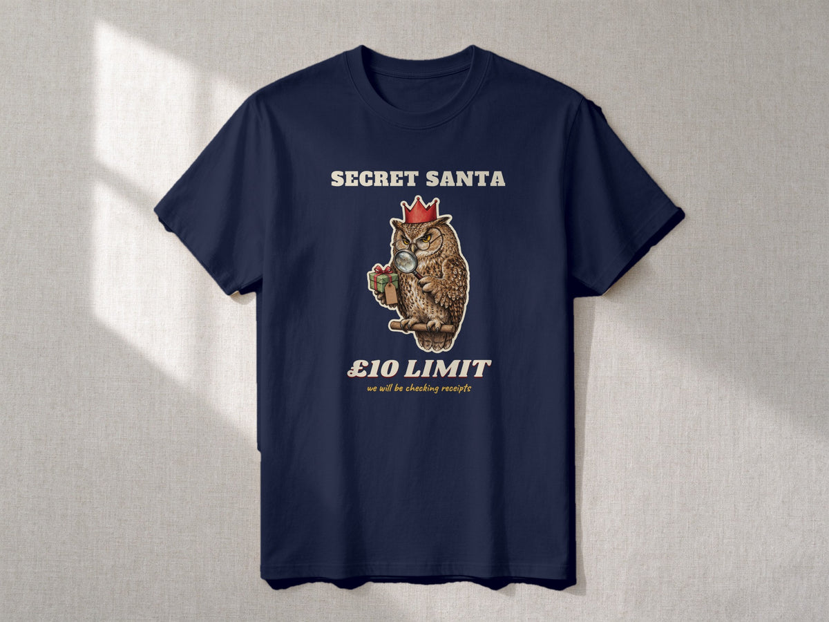 Secret Santa £10 Limit T-shirt – flat lay, Navy Blue