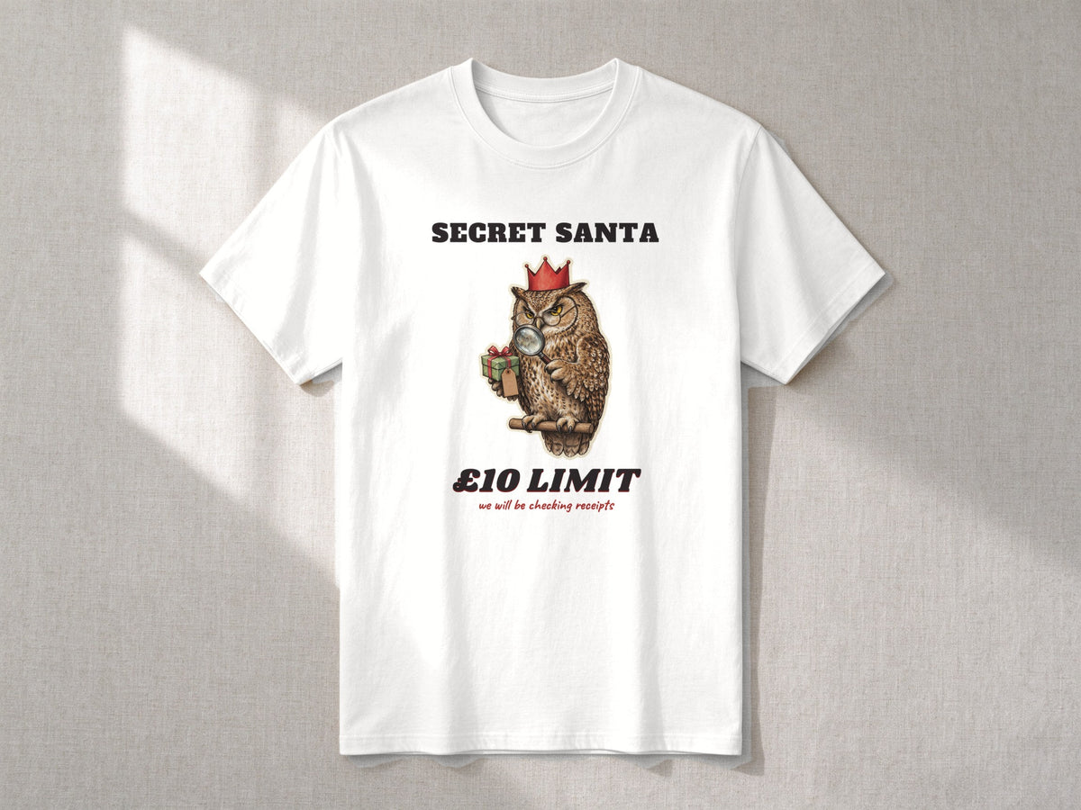 Secret Santa £10 Limit T-shirt – flat lay, White