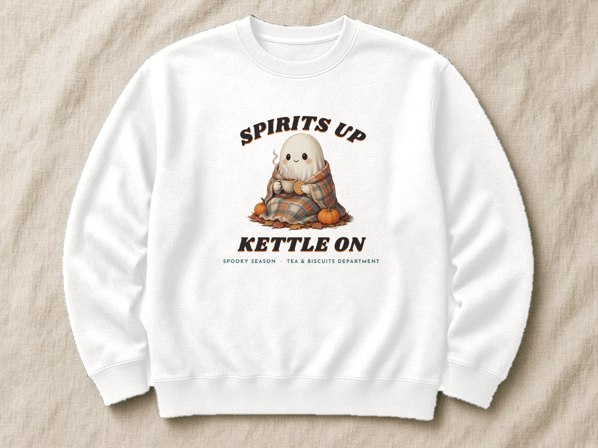 Spirits Up, Kettle On sweatshirt – flat lay, Arctic White