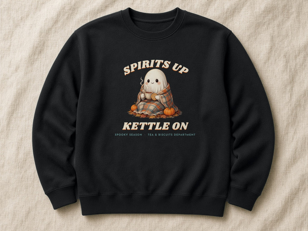 Spirits Up, Kettle On sweatshirt – flat lay, Jet Black