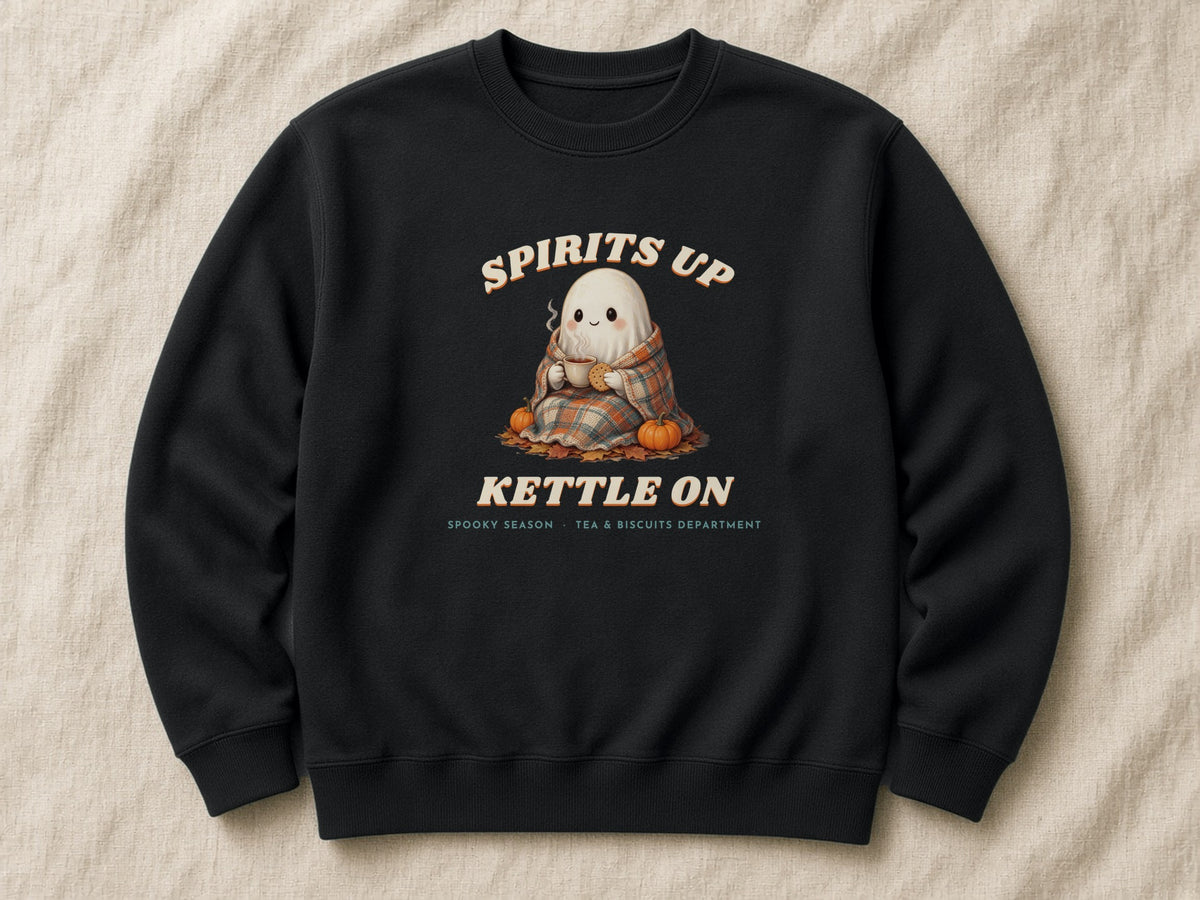 Spirits Up, Kettle On sweatshirt – flat lay, Jet Black
