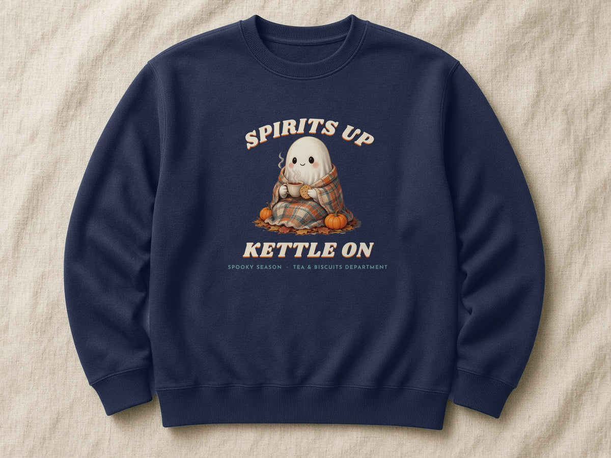 Spirits Up, Kettle On sweatshirt – flat lay, Oxford Navy