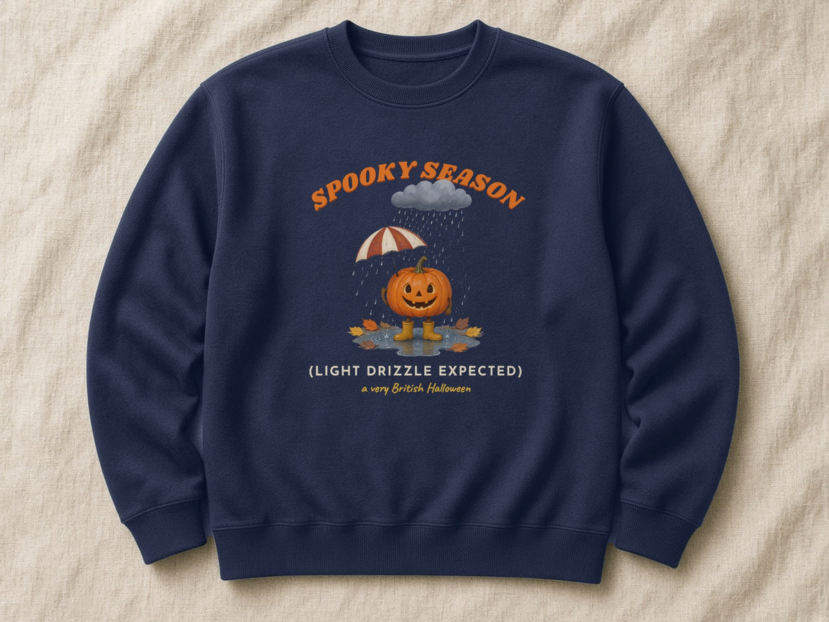 Spooky Season (Light Drizzle Expected) sweatshirt – flat lay, Oxford Navy