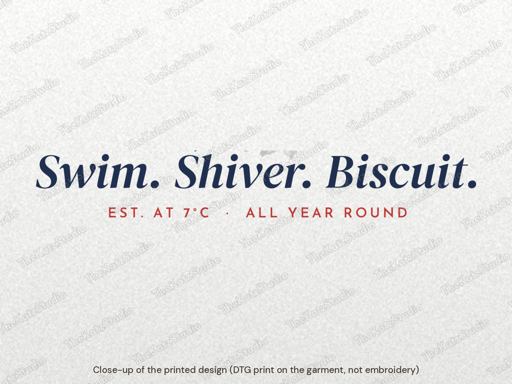 Swim. Shiver. Biscuit. sweatshirt – lettering close-up