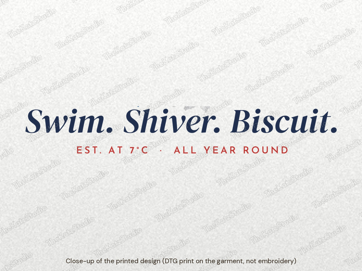 Swim. Shiver. Biscuit. sweatshirt – lettering close-up