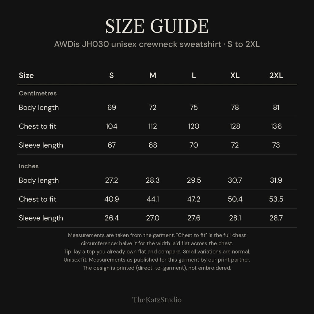 Swim. Shiver. Biscuit. sweatshirt – size chart